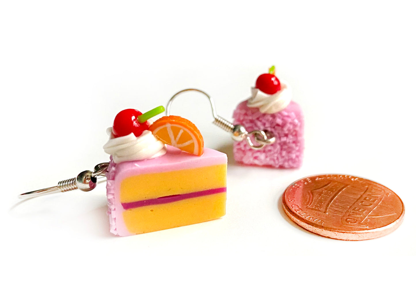 Handmade miniature food model earrings for Girls Teen - Slice Cake Cherry Orange