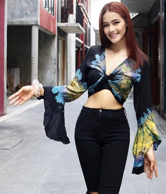 Women Petite & Teen CROP TOP Tie Front or Back Ruffle Bell Sleeve Free Size Handmade Tie Dye (01 Black Night)