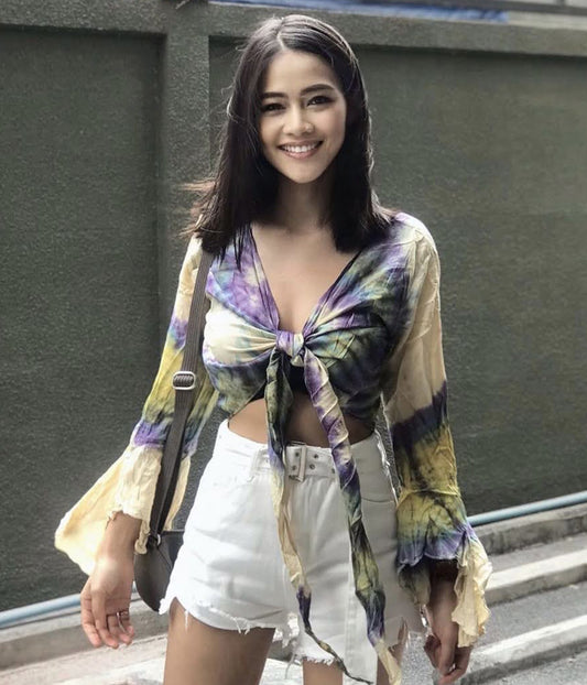 Women Petite & Teen CROP TOP Tie Front or Back Ruffle Bell Sleeve Free Size Handmade Tie Dye (12 Cream Rasberry)