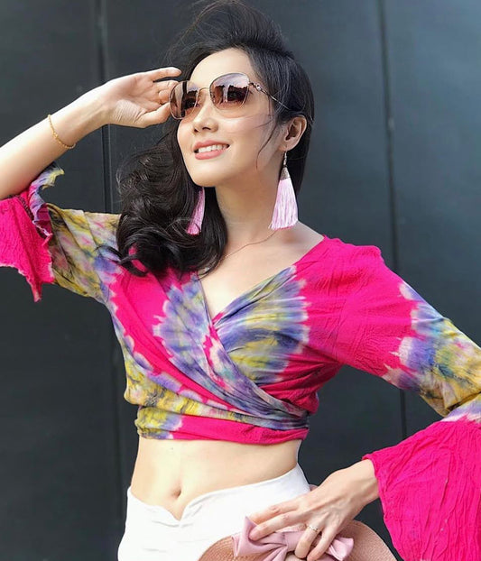 Women Petite & Teen CROP TOP Tie Front or Back Ruffle Bell Sleeve Free Size Handmade Tie Dye (19 Pink Hot)