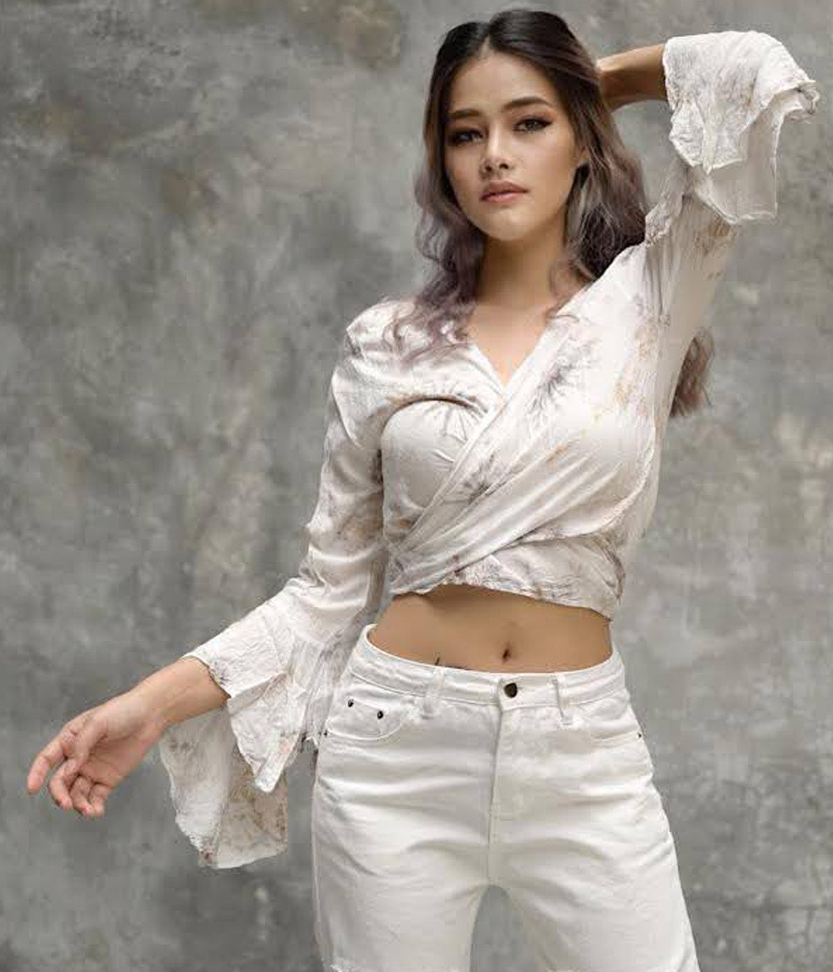 Women Petite & Teen CROP TOP Tie Front or Back Ruffle Bell Sleeve Free Size Handmade Tie Dye (31 White Classic)