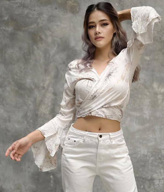 Women Petite & Teen CROP TOP Tie Front or Back Ruffle Bell Sleeve Free Size Handmade Tie Dye (31 White Classic)