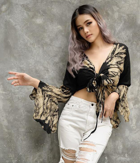 Women Petite & Teen CROP TOP Tie Front or Back Ruffle Bell Sleeve Free Size Handmade Tie Dye (02 Black Moth)