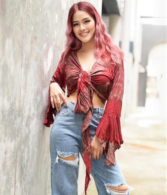 Women Petite & Teen CROP TOP Tie Front or Back Ruffle Bell Sleeve Free Size Handmade Tie Dye (26 Red Garnet)