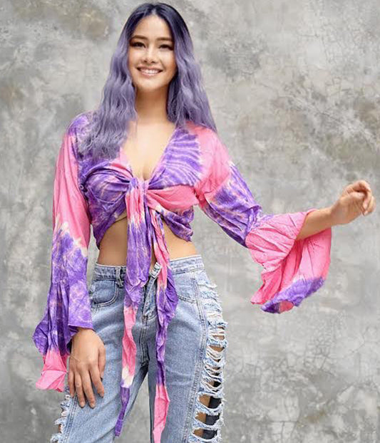 Women Petite & Teen CROP TOP Tie Front or Back Ruffle Bell Sleeve Free Size Handmade Tie Dye (21 Pink Purple Amethyst)
