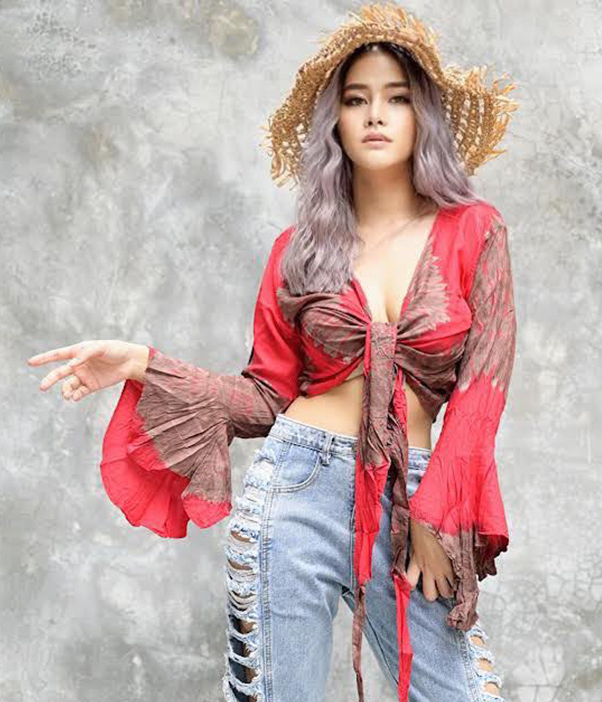 Women Petite & Teen CROP TOP Tie Front or Back Ruffle Bell Sleeve Free Size Handmade Tie Dye (27 Red Navajo)