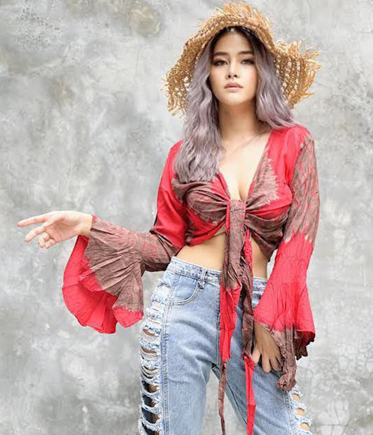 Women Petite & Teen CROP TOP Tie Front or Back Ruffle Bell Sleeve Free Size Handmade Tie Dye (27 Red Navajo)