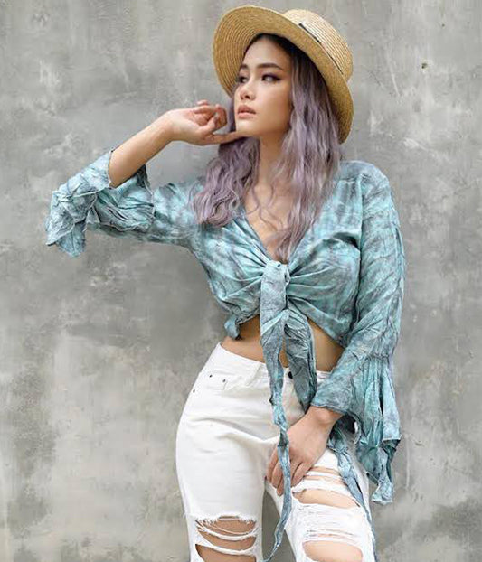Women Petite & Teen CROP TOP Tie Front or Back Ruffle Bell Sleeve Free Size Handmade Tie Dye (10 Blue Cadet)