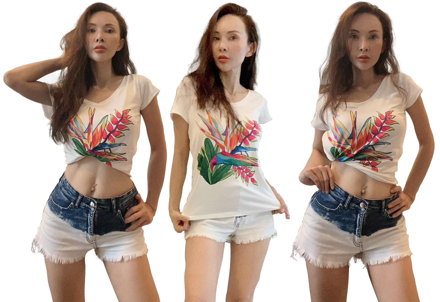 Sunne Tropical Women Top Tee White Loose Fit T-Shirt - Super Soft Light Weight Polyester Spandex - Heliconia Bird Of Paradise