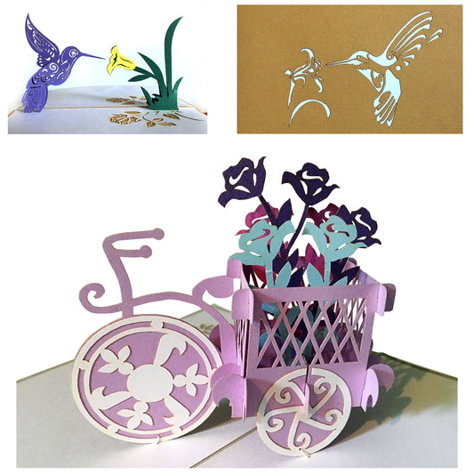 (2 Cards Pack) 3D Pop Up Flower Greeting Card 5x7 Inch 12.7 cm - Bicycle Flower Hummingbird