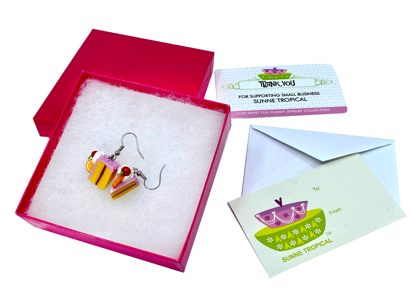 Handmade miniature food model earrings for Girls Teen - Slice Cake Cherry Orange
