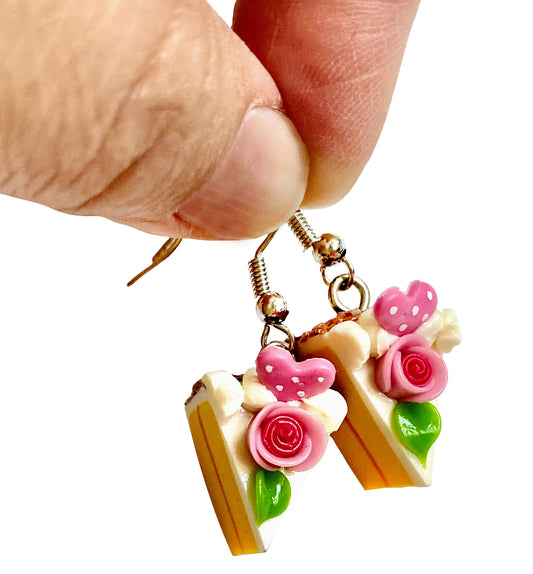 Handmade miniature food model earrings for Girls Teen - Slice Cake Heart Single Rose