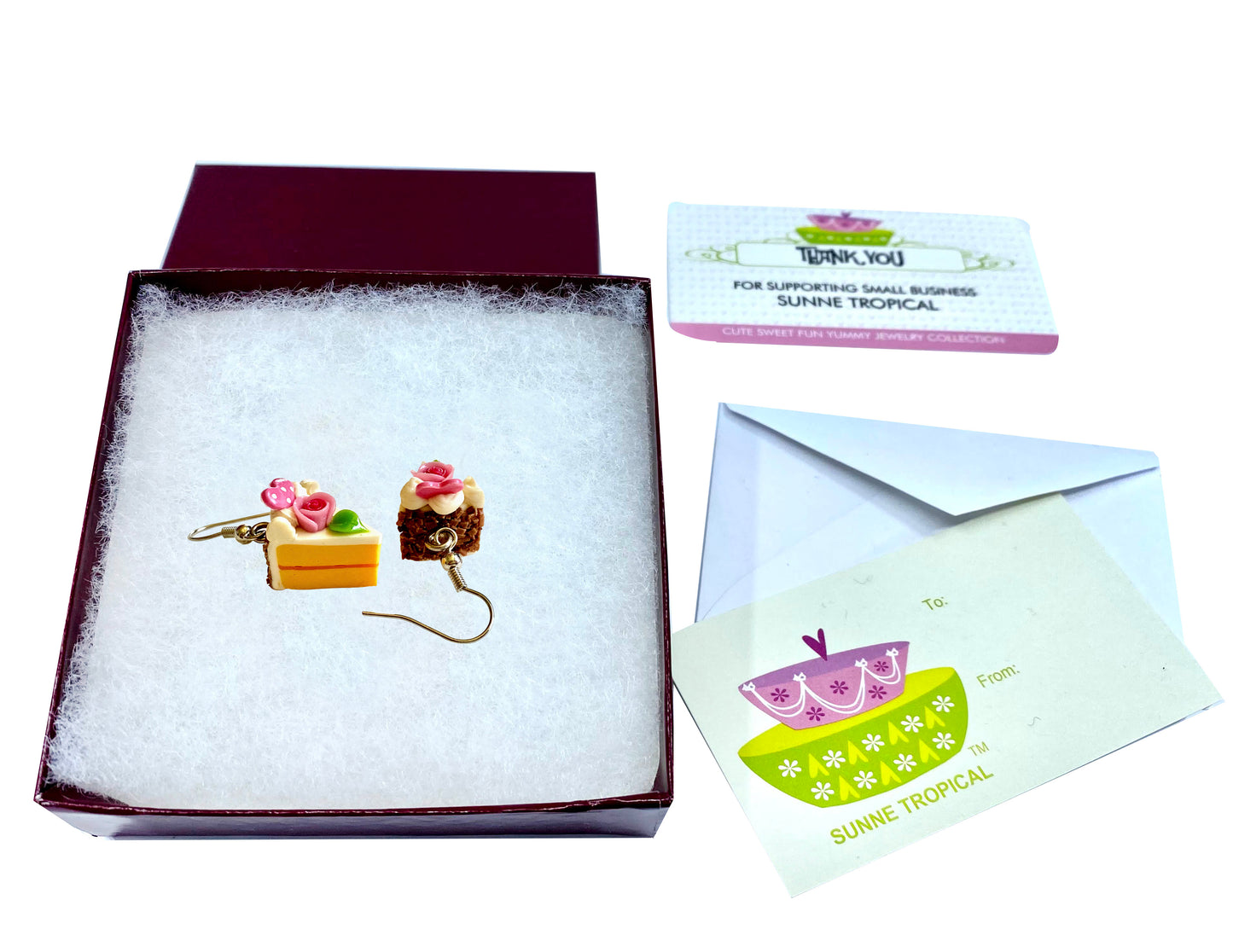 Handmade miniature food model earrings for Girls Teen - Slice Cake Heart Single Rose