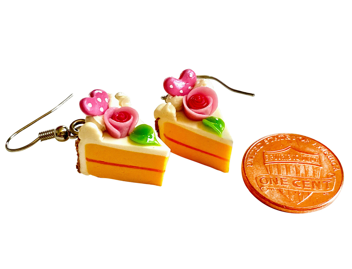 Handmade miniature food model earrings for Girls Teen - Slice Cake Heart Single Rose