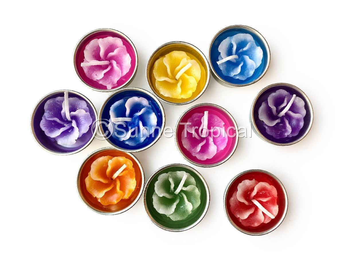 Hibiscus Hawaiian Flower Set of 10 Tealight Candles  (Multi-Color)
