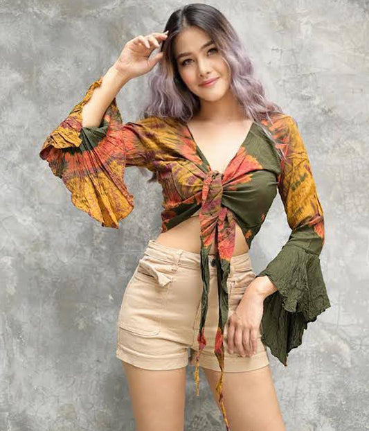 Women Petite & Teen CROP TOP Tie Front or Back Ruffle Bell Sleeve Free Size Handmade Tie Dye (32 Yellow Merigold Dijon)