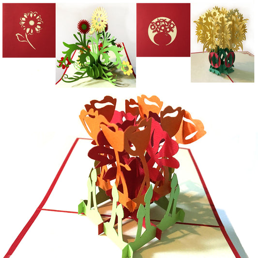 (3 Cards Pack) 3D Pop Up Card 4.75 Inch Birthday Greeting Flower Card (Colorful Roses Bouquet)
