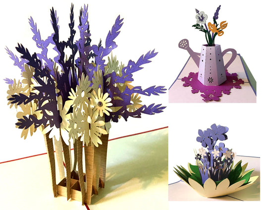 (3 Cards Pack) 3D Pop Up Flower Card 5.75 Inch Greeting Card - Purple Lavender Kettle Flower Pot