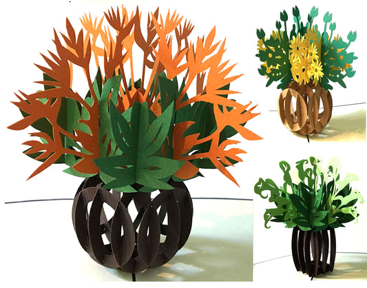 (3 Cards Pack) 3D Pop Up Flower Card 5.75 Inch Greeting Card - Bird Of Paradise Vase Set