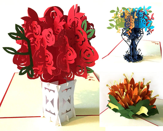 (3 Cards Pack) 3D Pop Up Flower Card 5.75 Inch Greeting Card Red Rose Heart Vase