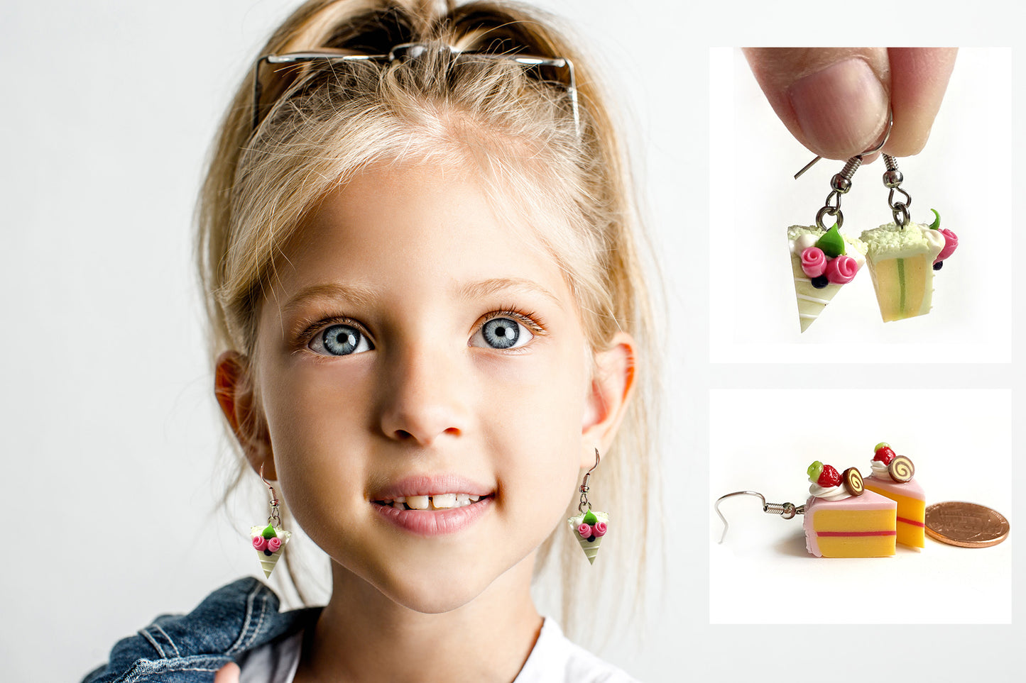 Handmade miniature food model earrings for Girls Teen - Slice Cake Cherry Orange