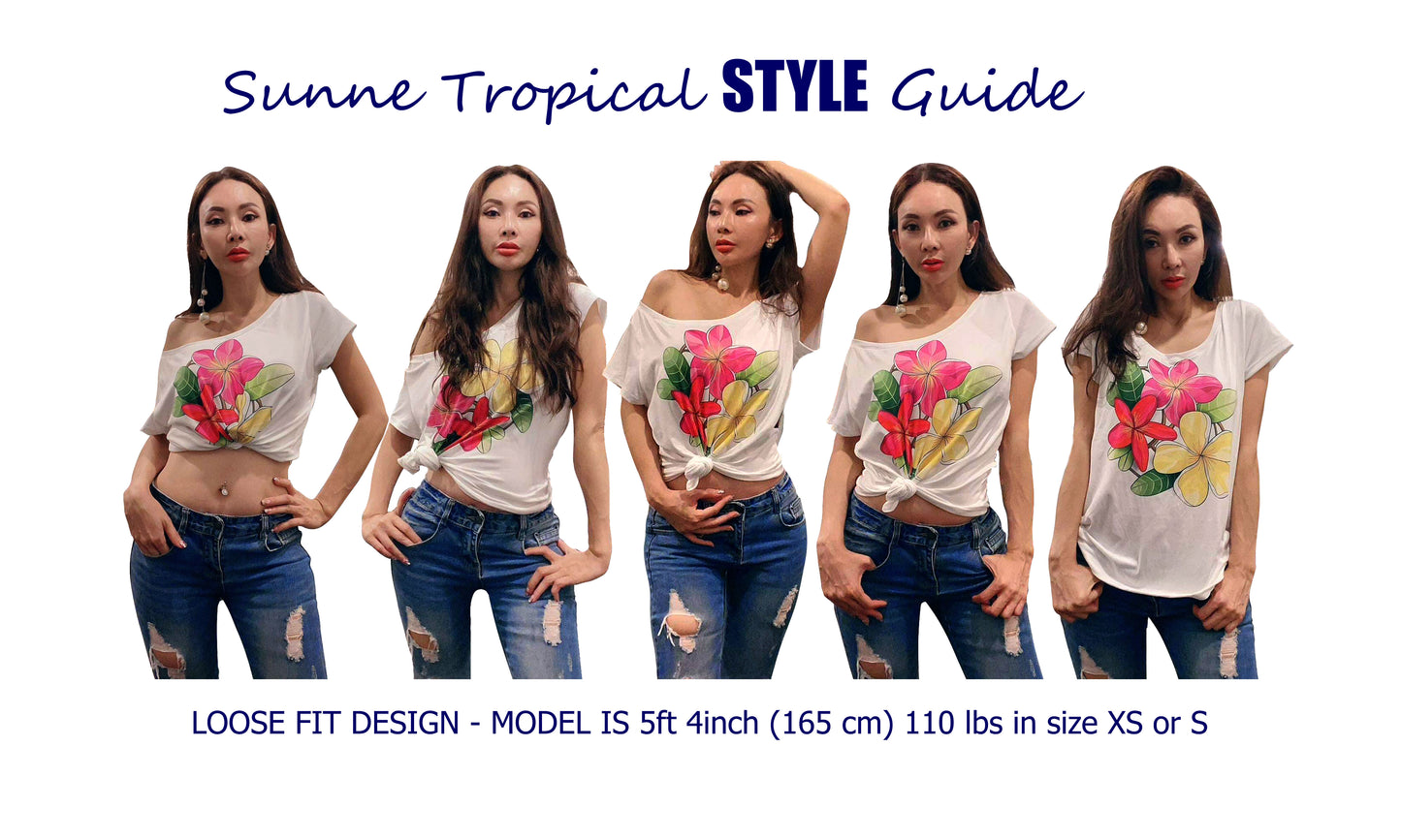 Sunne Tropical Women Top Tee White Loose Fit T-Shirt - Super Soft Light Weight Polyester Spandex - Hawaiian Plumeria