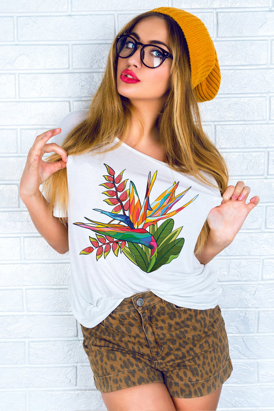 Sunne Tropical Women Top Tee White Loose Fit T-Shirt - Super Soft Light Weight Polyester Spandex - Heliconia Bird Of Paradise