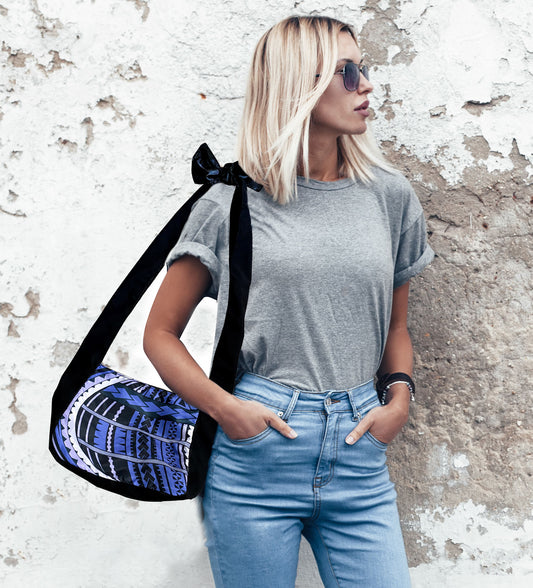 Sunne Tropical Polynesia Hawaiian Tribal Tattoo Adjustable Reversible Packable Tote Bag BLUE