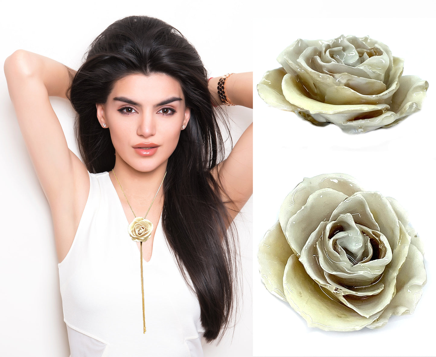 Mini Rose Mini 1.5-2.25 inch Pendant Necklace 18 inch Gold Plated 24K (Off White)