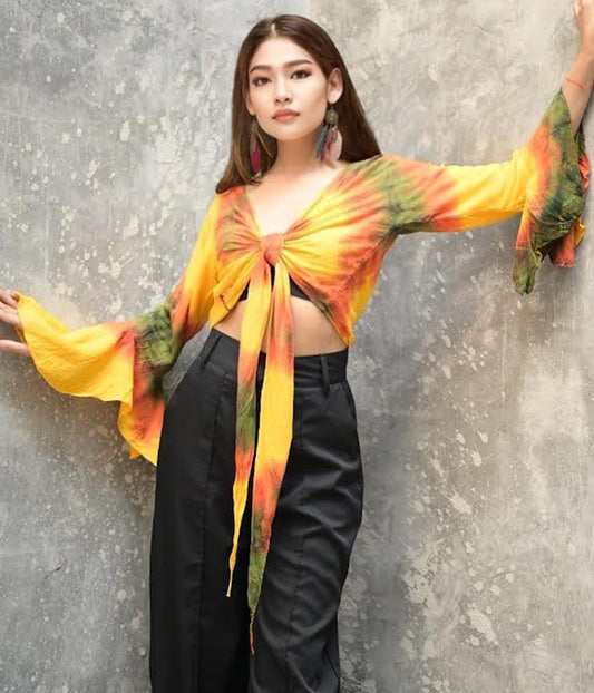 Women Petite & Teen CROP TOP Tie Front or Back Ruffle Bell Sleeve Free Size Handmade Tie Dye (33-Yellow-Sunflower)