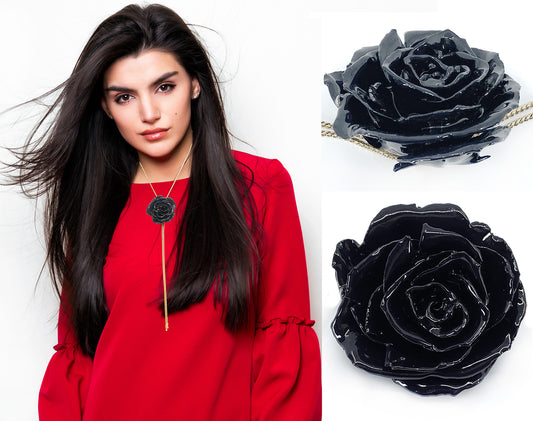 Mini Rose Mini 1.5-2.25 inch Pendant Necklace 18 inch Gold Plated 24K (Black)