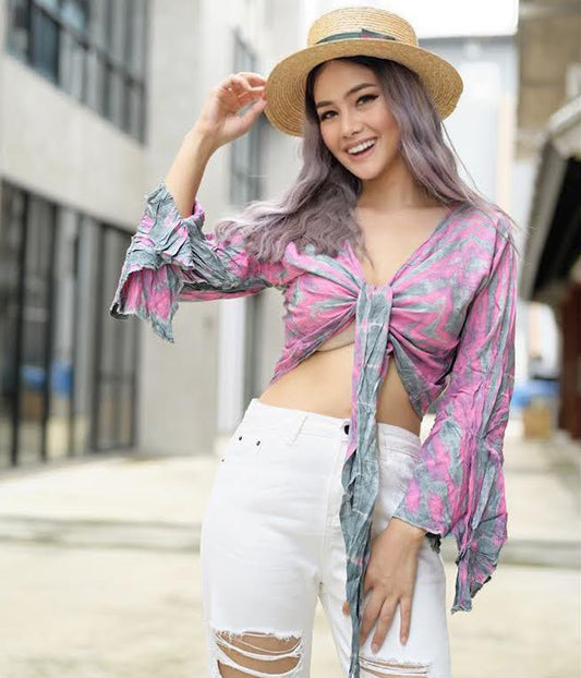 Women Petite & Teen CROP TOP Tie Front or Back Ruffle Bell Sleeve Free Size Handmade Tie Dye (22 Pink Grey Palette)