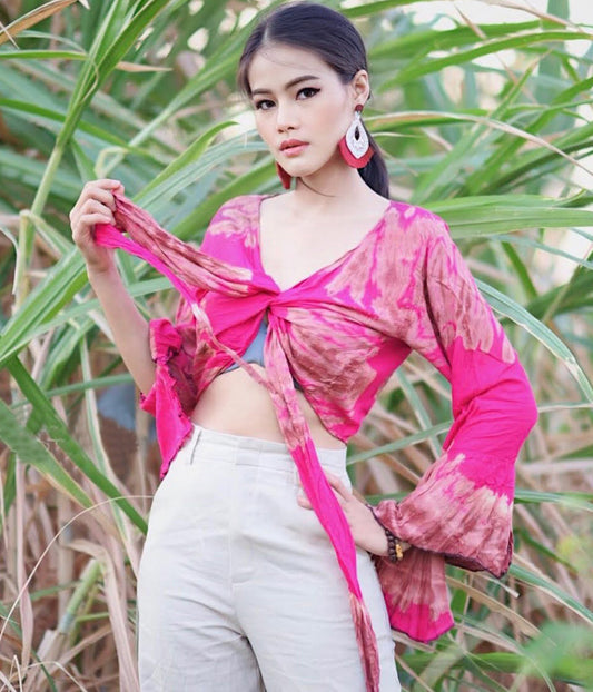 Women Petite & Teen CROP TOP Tie Front or Back Ruffle Bell Sleeve Free Size Handmade Tie Dye (20 Pink Pretty)