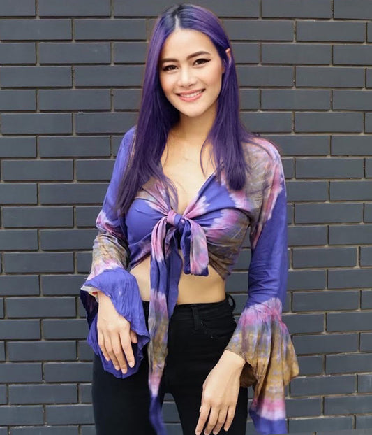 Women Petite & Teen CROP TOP Tie Front or Back Ruffle Bell Sleeve Free Size Handmade Tie Dye (24 Purple Orchid)