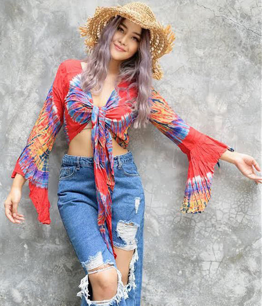 Women Petite & Teen CROP TOP Tie Front or Back Ruffle Bell Sleeve Free Size Handmade Tie Dye (28 Red Salmon)