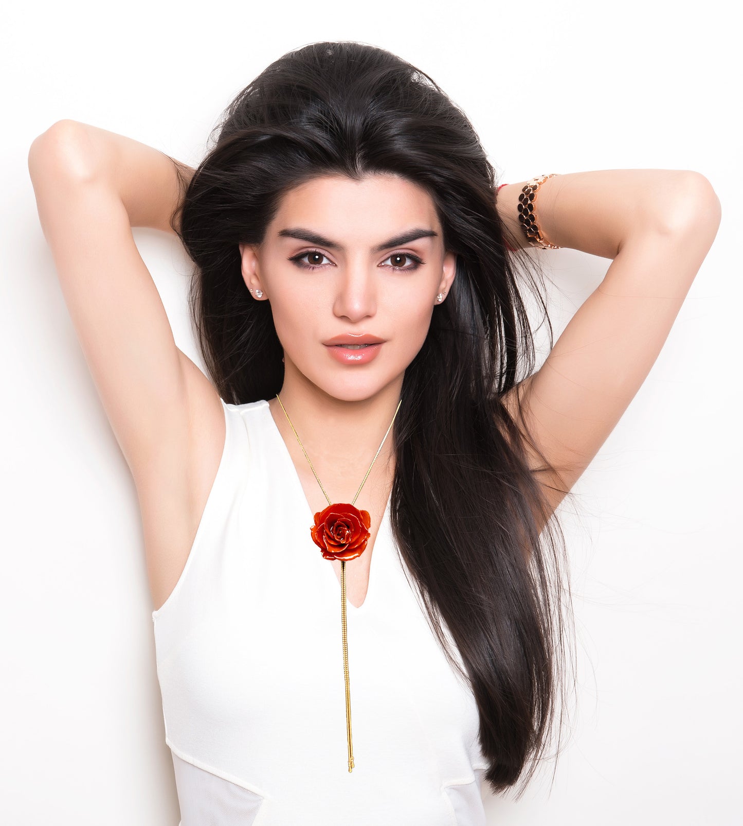 Mini Rose Mini 1.5-2.25 inch Pendant Necklace 18 inch Gold Plated 24K (Orange)