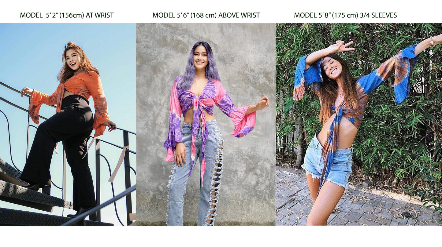 Women Petite & Teen CROP TOP Tie Front or Back Ruffle Bell Sleeve Free Size Handmade Tie Dye (30 Turquoise Teal)