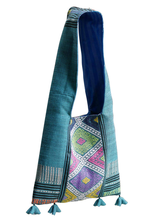 Handwoven Hand-dyed Handmade ETHNICS MINI shoulder bag tote bag Sunne Tropical - BLUE AQUA