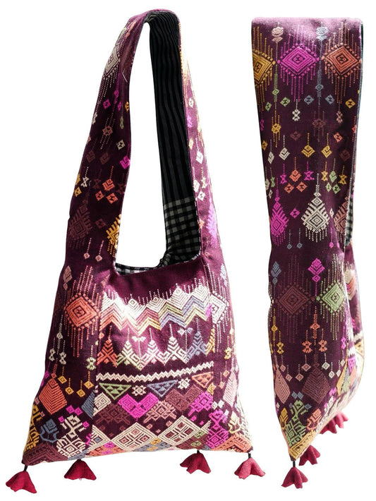 Handwoven Hand-dyed (1) Handmade PRAE-WA MINI shoulder bag tote bag Sunne Tropical - RED BURGUNDY