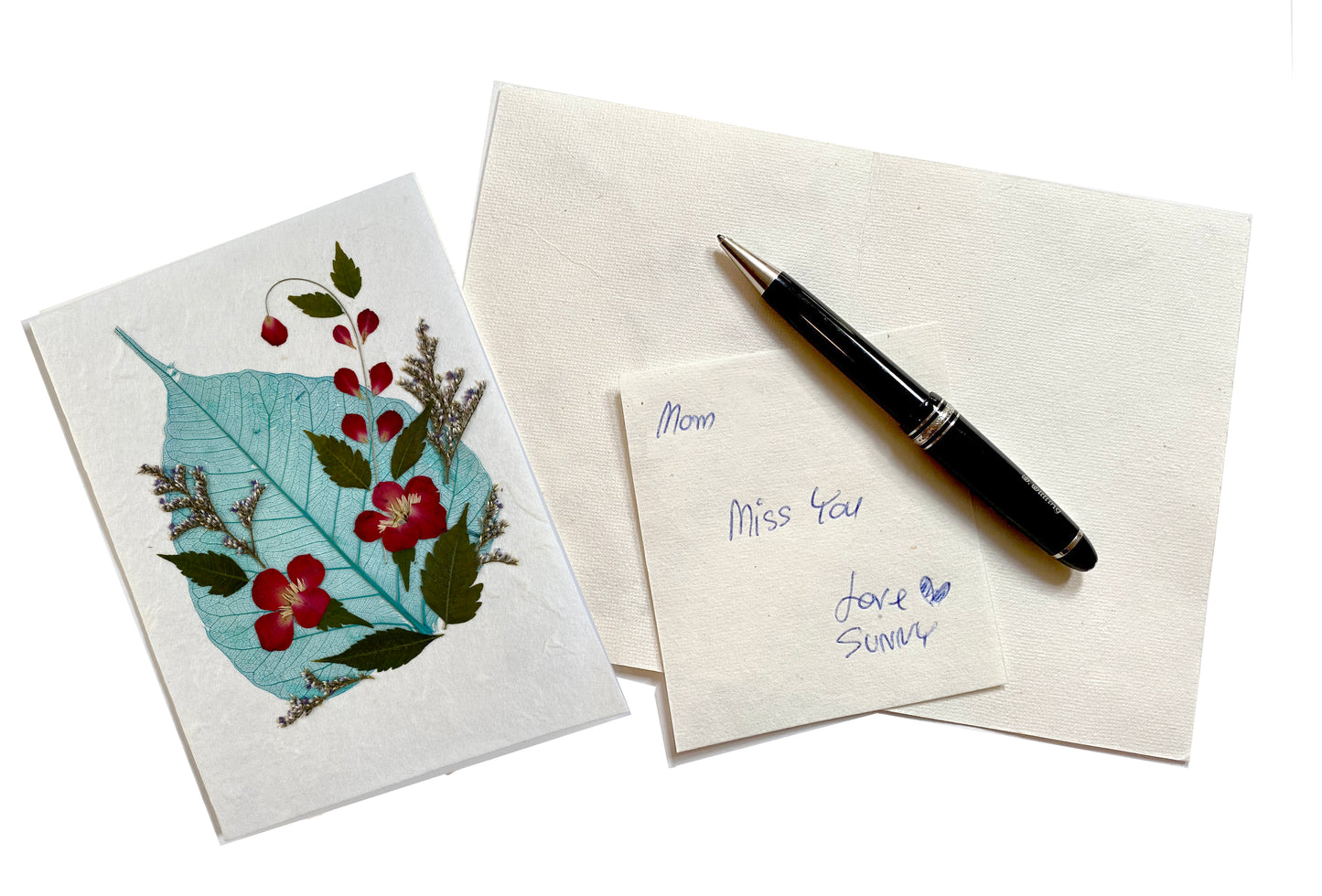 Sunne Tropical 4 Cards Random Pack Handmade Mulberry Paper Greeting Card 5x7 Inch Real Pressed Flowers- Skeleton Bodhi Leaf & Skeleton Rubber Leaf