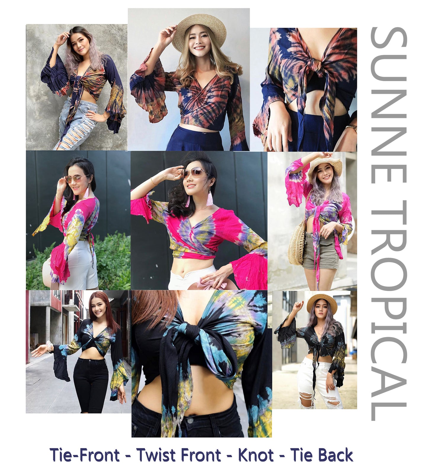Women Petite & Teen CROP TOP Tie Front or Back Ruffle Bell Sleeve Free Size Handmade Tie Dye (22 Pink Grey Palette)
